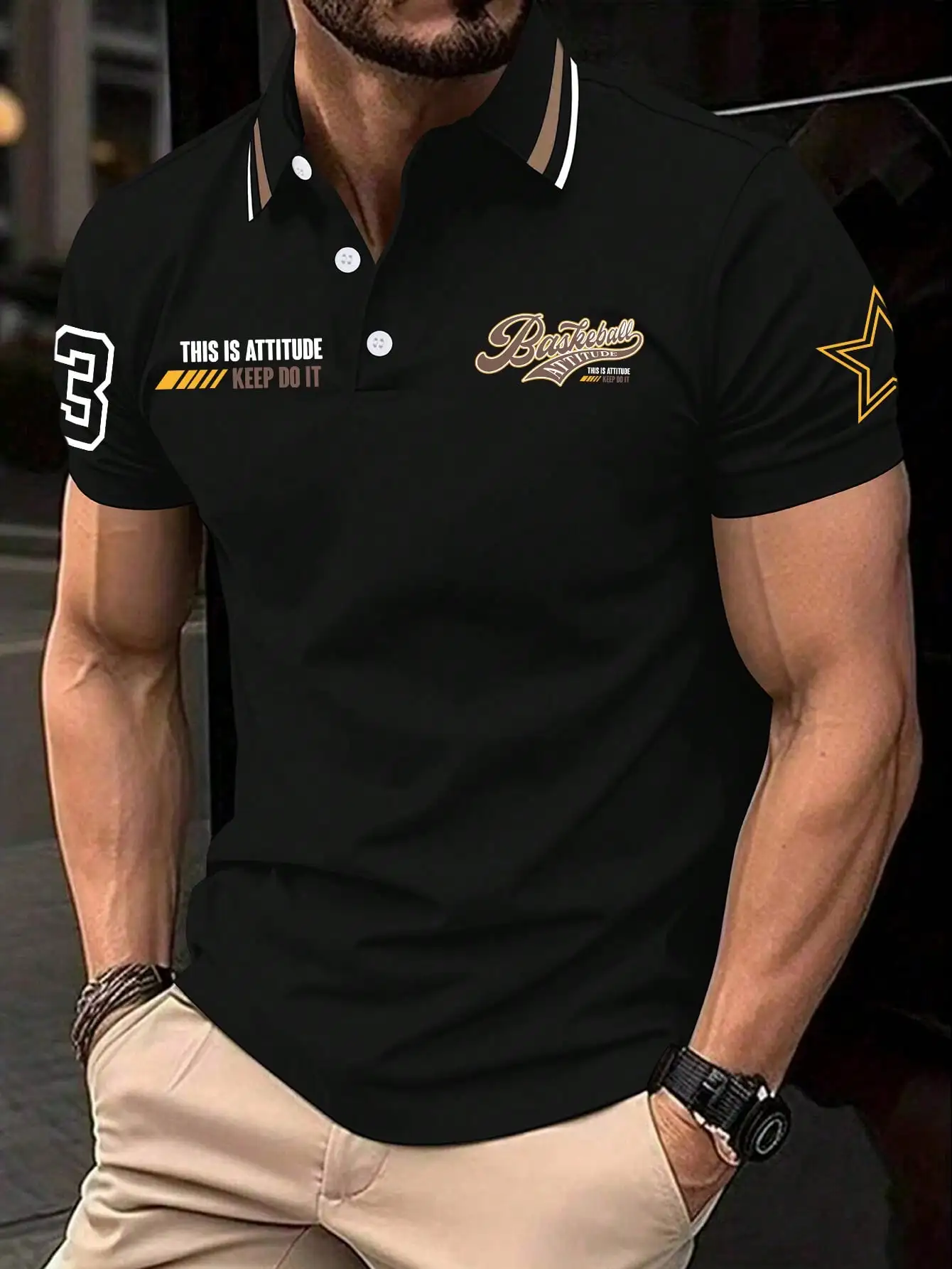 

Men's Black Short Sleeve Polo Shirt with Graphic Print and Contrast Collar