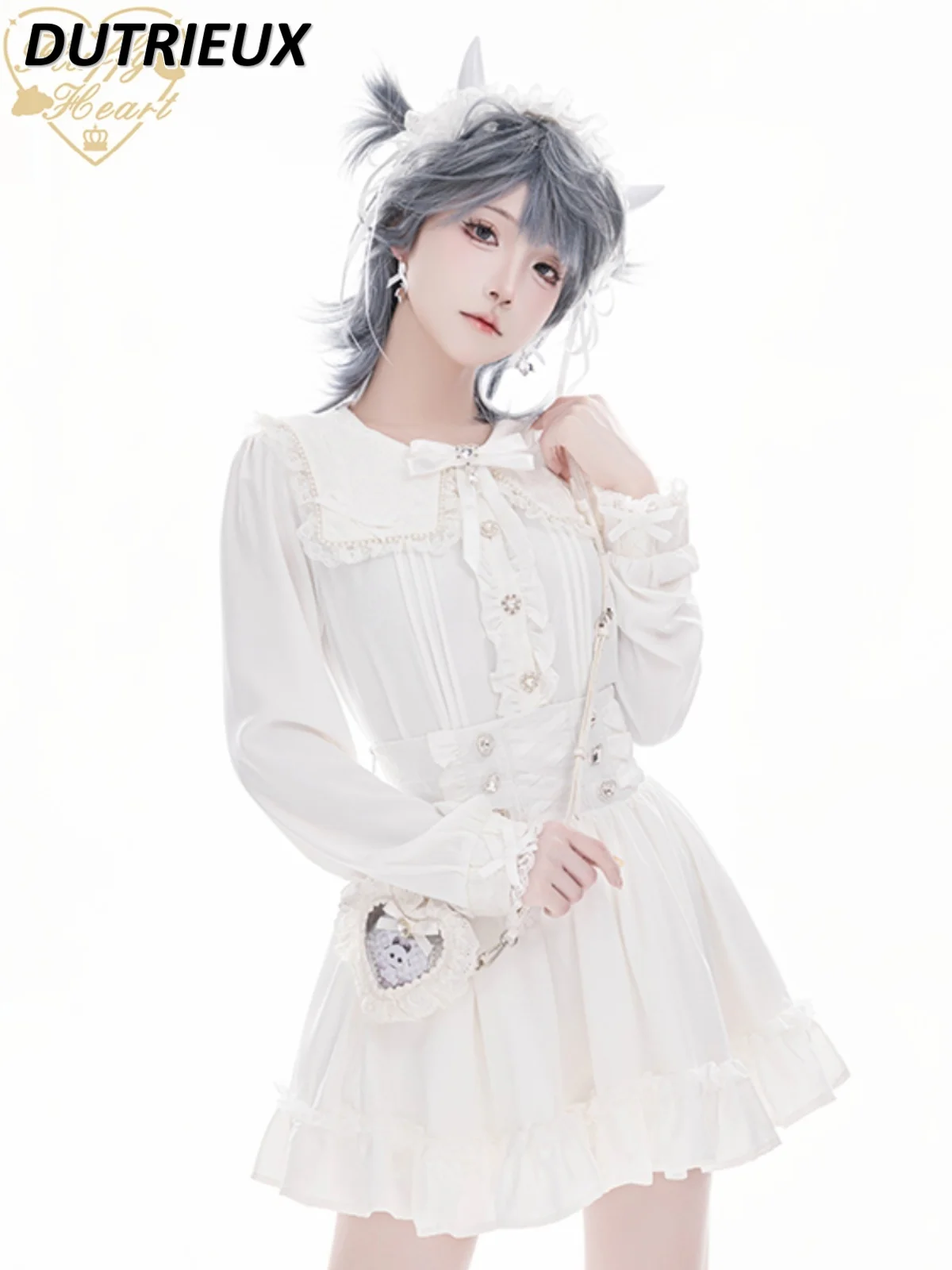 레이스 네이비 칼라 긴팔 셔츠, 다용도 싱글 브레스트 상의, 귀여운 단색, 일본 용수철 가을 신상