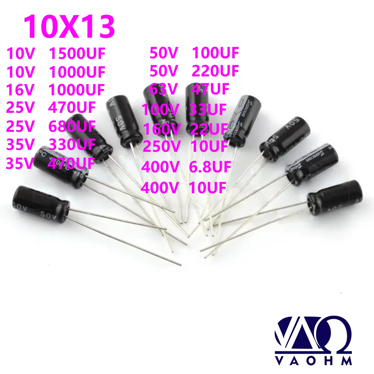 

150 шт. алюминиевых электролитических конденсаторов 100 мкФ, 220 мкФ, 330 мкФ, 470 мкФ, 10В, 16В, 25В, 35В, 50В, 10x13 мм