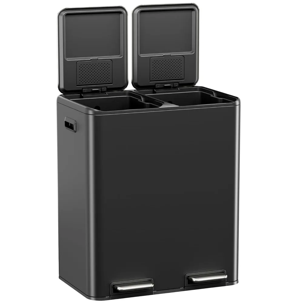 

Kitchen Dual Trash Can, 60L Hands-Free Stainless Steel Garbage Can, Classified Rubbish Bin with Double Compartments, Soft-Close
