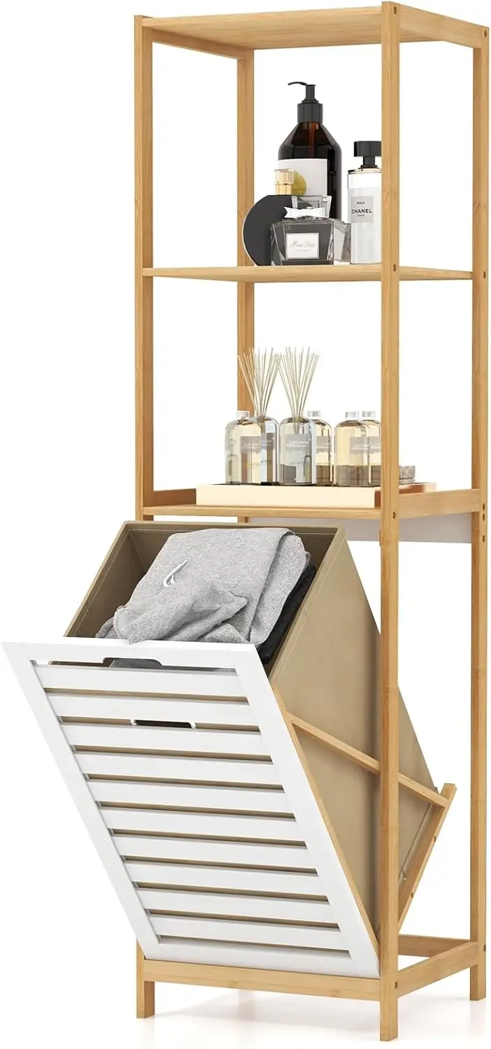 

Tilt Out Laundry Hamper - Laundry Hamper Cabinet with 3 Tier Storage Shelves, Removable Laundry Basket, 51" Tall Freestanding