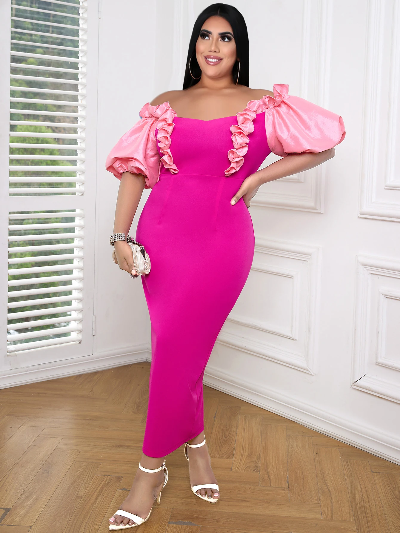 ONTINVA Puff Sleeve Dresses for Women Plus Size 3XL 4XL Off Shoulder Fuchsia Patchwork Evening Cocktail Event Party Outfits