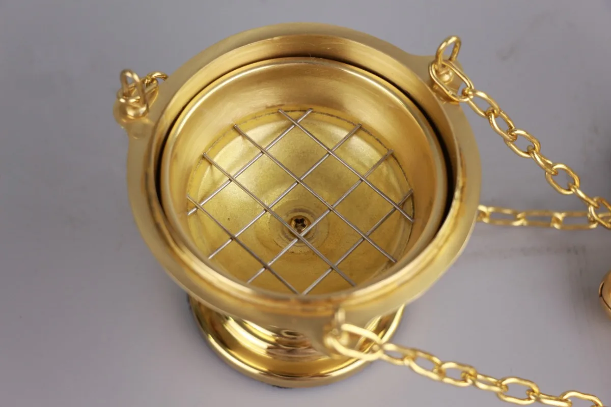 Catholic Rite Hanging Censer with Cross Chain, Brass, High Polished, Charcoal Incense Burner, 12 Bells, Boat Set