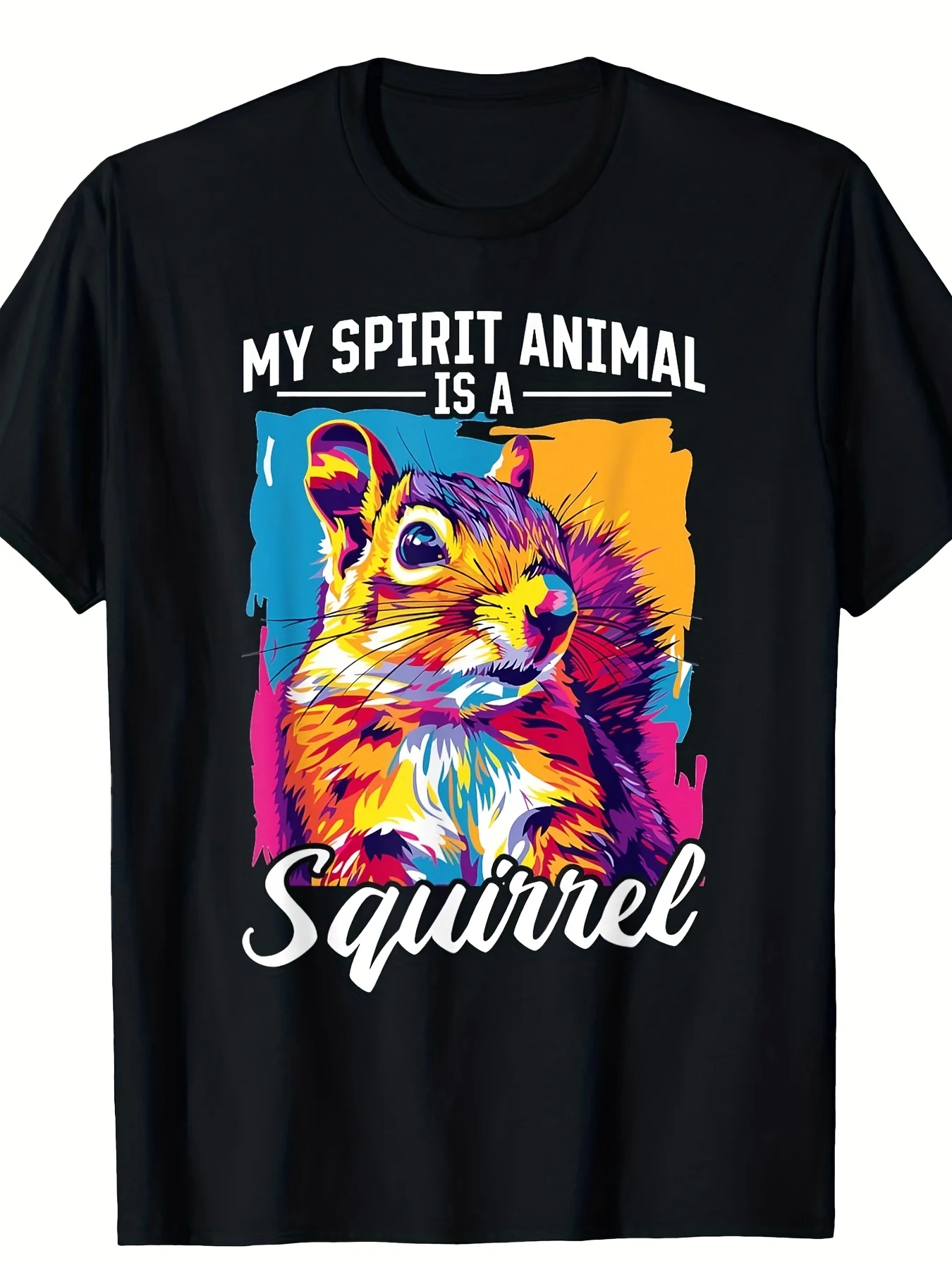 Fun Squirrel Soul Animal Pattern T-Shirt - Round Neck Short Sleeve Men's Shirt, Suitable for Daily Wear and Gifts, Black, Comfortable, Suitable for Casual Outings, Parties, Beaches, and Sports, Outdoor Clothing, All-Season Casual Wear, Smooth Finish