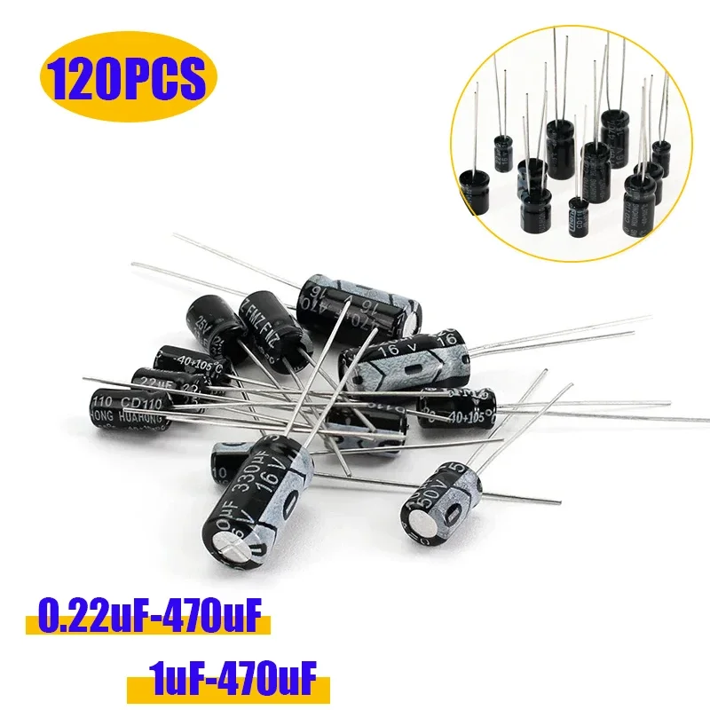 120PCS Aluminum Electrolytic Capacitor Kit 1uF-470uF 16V-50V DIP Electrolyte Capacitors for DIY Electronics Projects