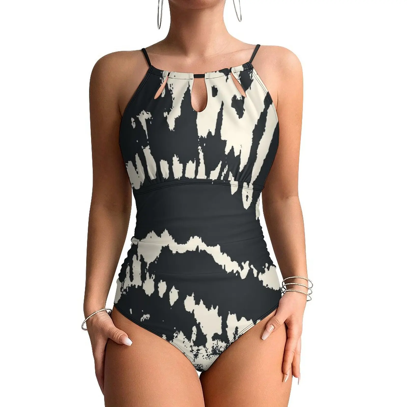 

Black Tie Dye Swimsuit Sexy Abstract Print One Piece Swimwear Push Up Bodysuit Fashion Vacation Bath Bathing Suit