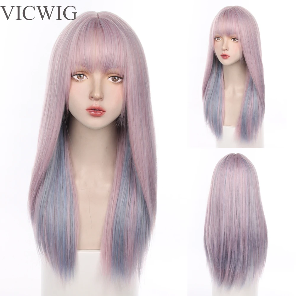 

VICWIG Synthetic Long Straight Hair Pink Lolita Wig Highlighting Blue Heat-Resistant Cosplay Wigs With Bangs For Women