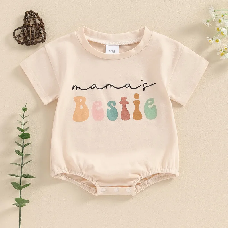 Baby Girl Boy Summer Bodysuit Beige Short Sleeve Crew Neck Letter Print Casual Jumpsuit