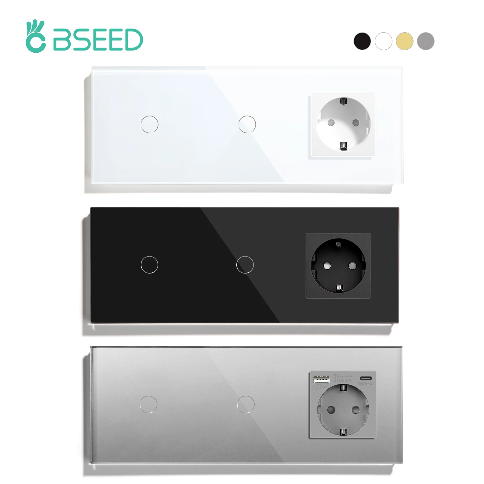 BSEED Doppio Touch Wall Switch 1/2/3Gang 1Way LED Interruttori Della Luce Più Prese di Tipo di Socket-C USB UE Pannello di Vetro Blu