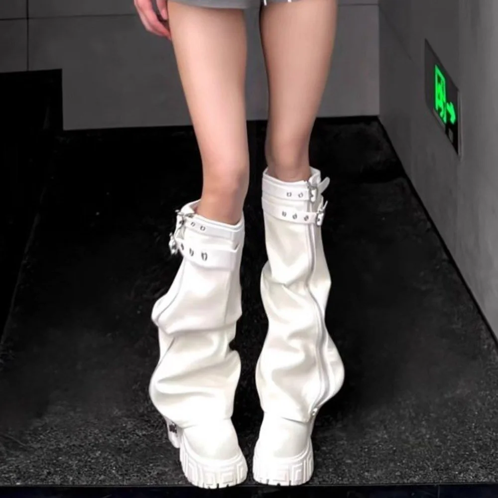 Women's White Detachable Platform Combat Boots, Punk Style Slouchy Knee High Shoes, Comfortable Footwear for Street Style