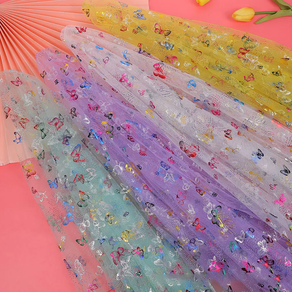 Gradient Rainbow Butterfly Printed Tulle Mesh 59x39in Glitter Bronzing Fabric for Bridal Gowns Party Decor & DIY Sewing Projects
