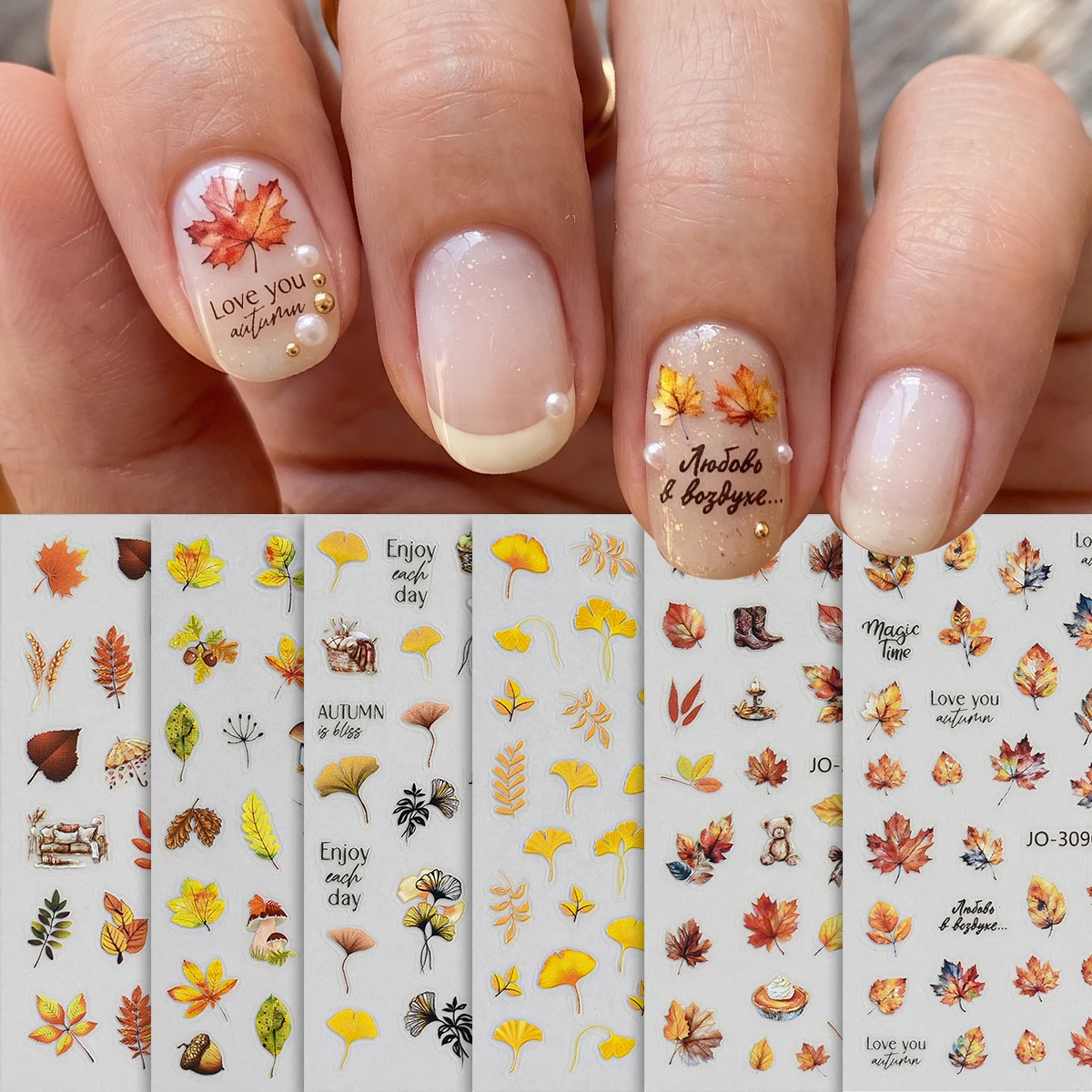 6 Stück Herbst-Freshstyle Nagelkunst-Aufkleber 3D Ahorn Ginkgo Blätter Herbstblatt Pilz Nagelsticker Thanksgiving Nageldekorationen