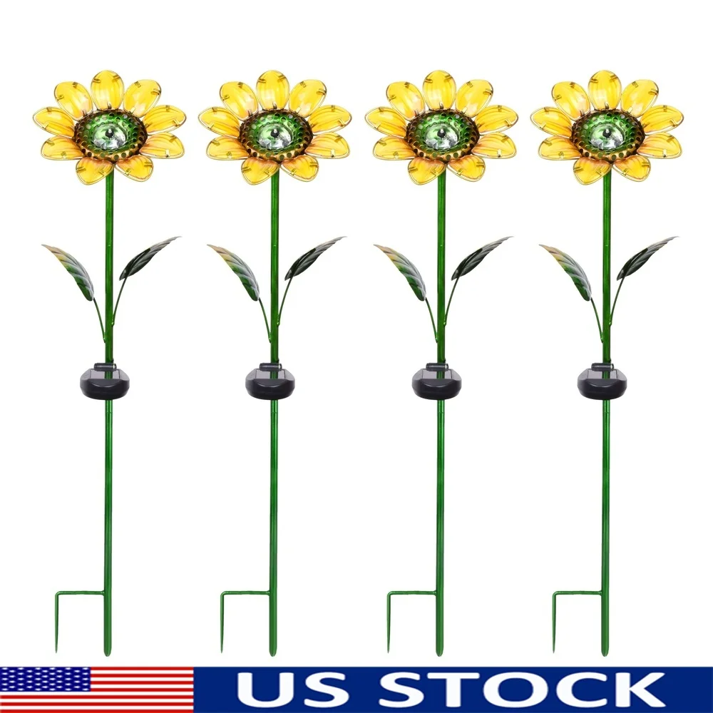

Solar Powered Sunflower Glass Garden Stakes Set of 4 Outdoor Decor LED Light Weather Resistant Easy Assembly Pathway Flowerbed