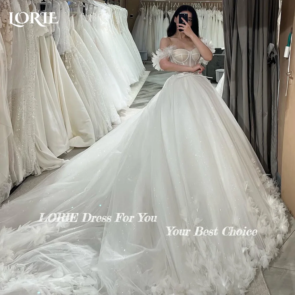 LORIE-vestidos de novia con purpurina, manga abombada, apliques de encaje, flor 3D, hombros descubiertos, tul, vestido de novia bohemio, vestidos personalizados