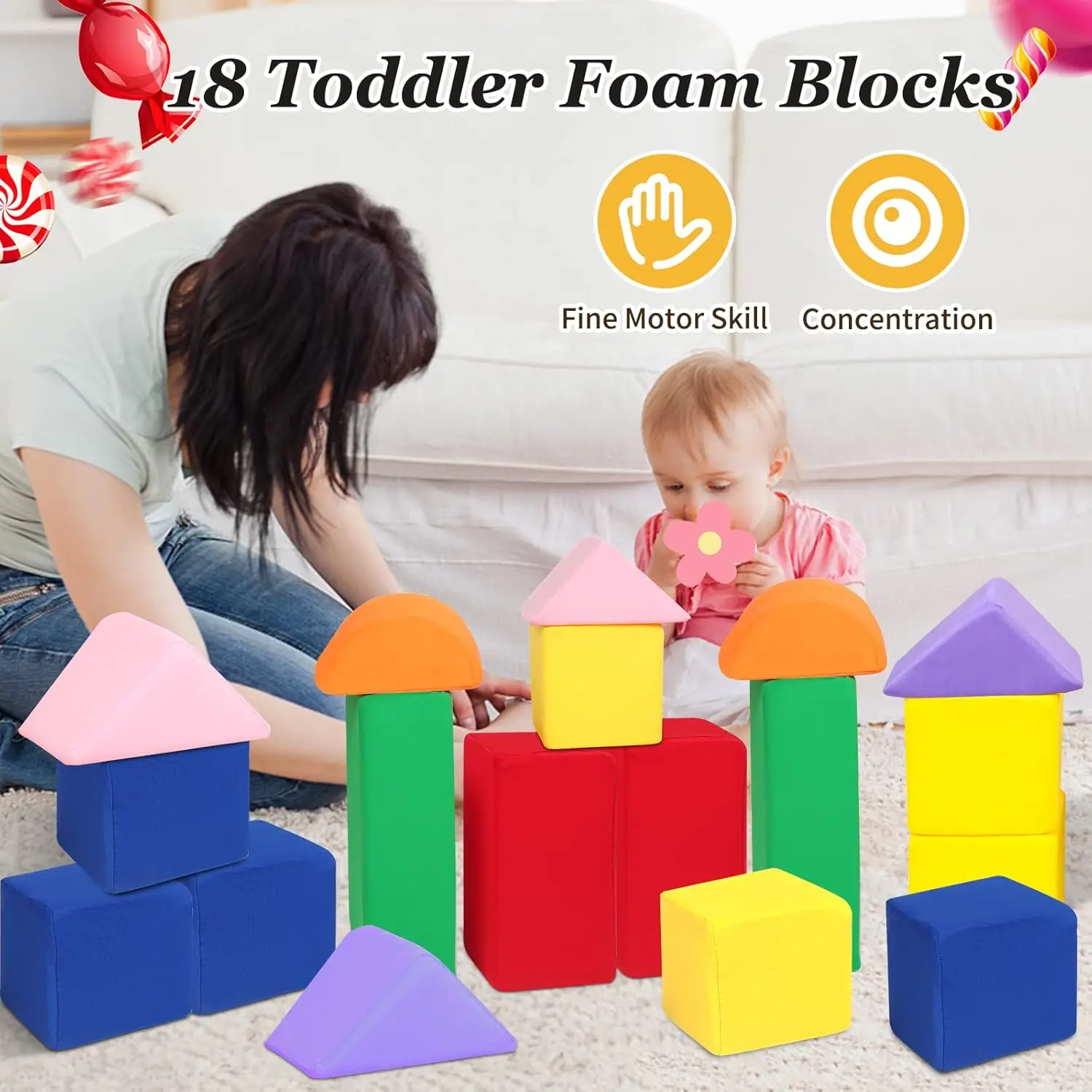 Foam Blocks for Toddlers, Soft Building Blocks for Toddlers Colorful Stacking Blocks for Kids - 18 Pieces