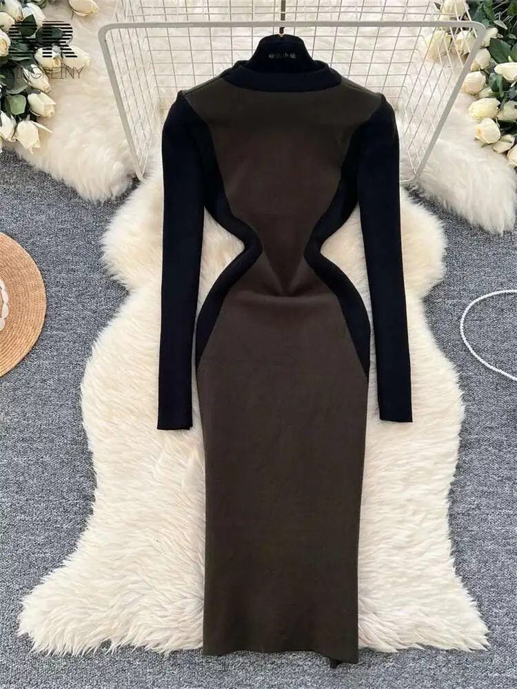 BabYoung الشتاء كتلة اللون محبوك فستان المرأة عادية س الرقبة طويلة الأكمام مطاطا موضة الخريف السيدات فساتين سترة شتاء