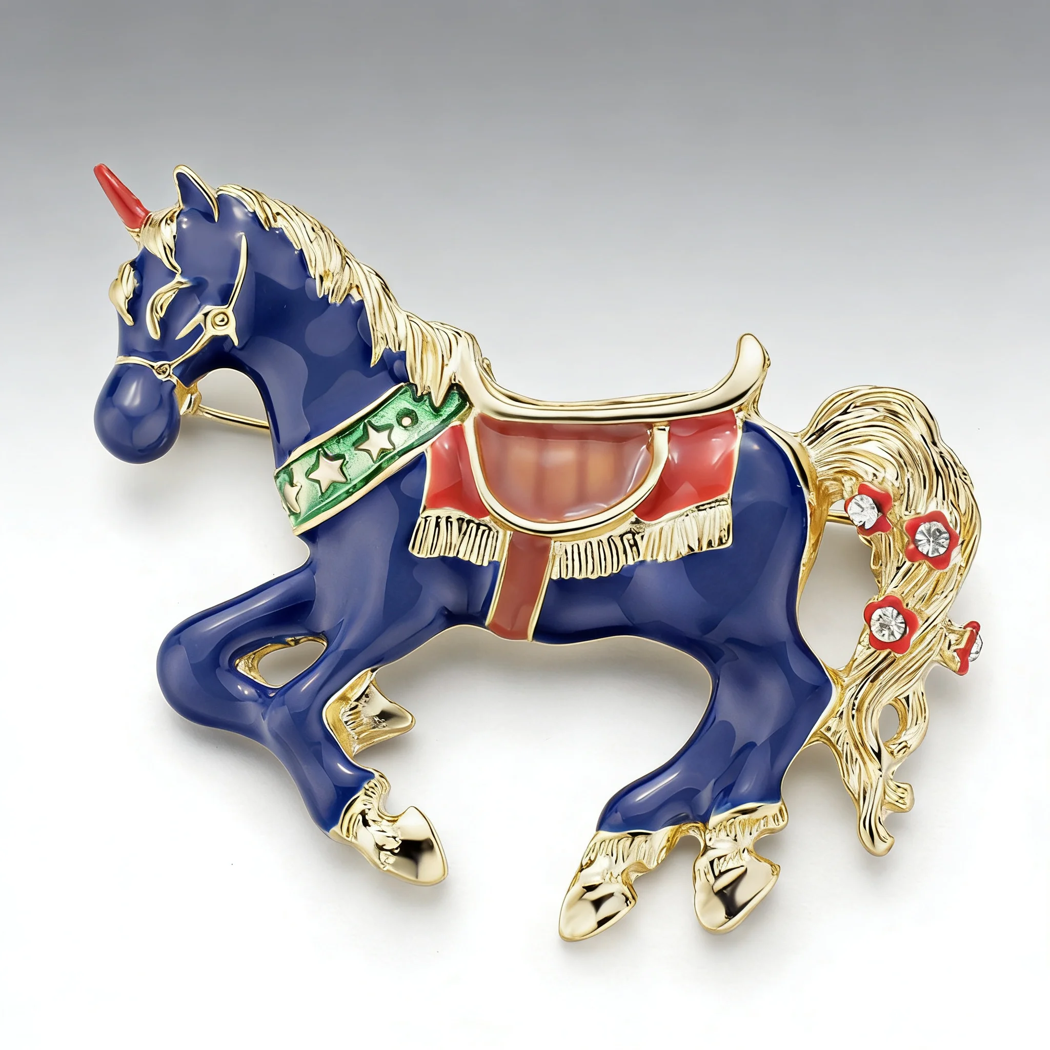 Unique Blue Enamel Horse Unicorn Crystal Vintage Animal Brooches Pins Button  For Women Girl Fashion Jewelry Z041
