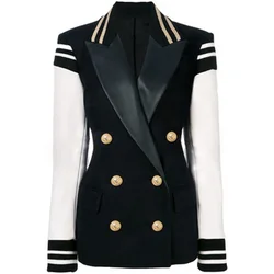 School Baseball Uniform Blazer Women Suit Black And White Patchwork Jacket Double Breasted Academic Style Coat In Stock