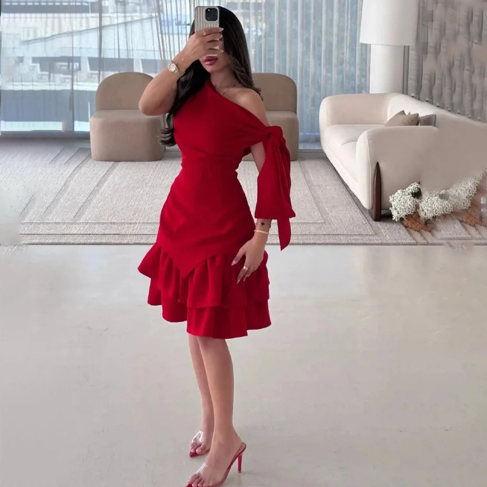 

Red Prom Dresses with Bow Pleat One Shoulder Sleeveless Mini Skirt Homecoming Cocktail Gown Birthday Party Dress Customized