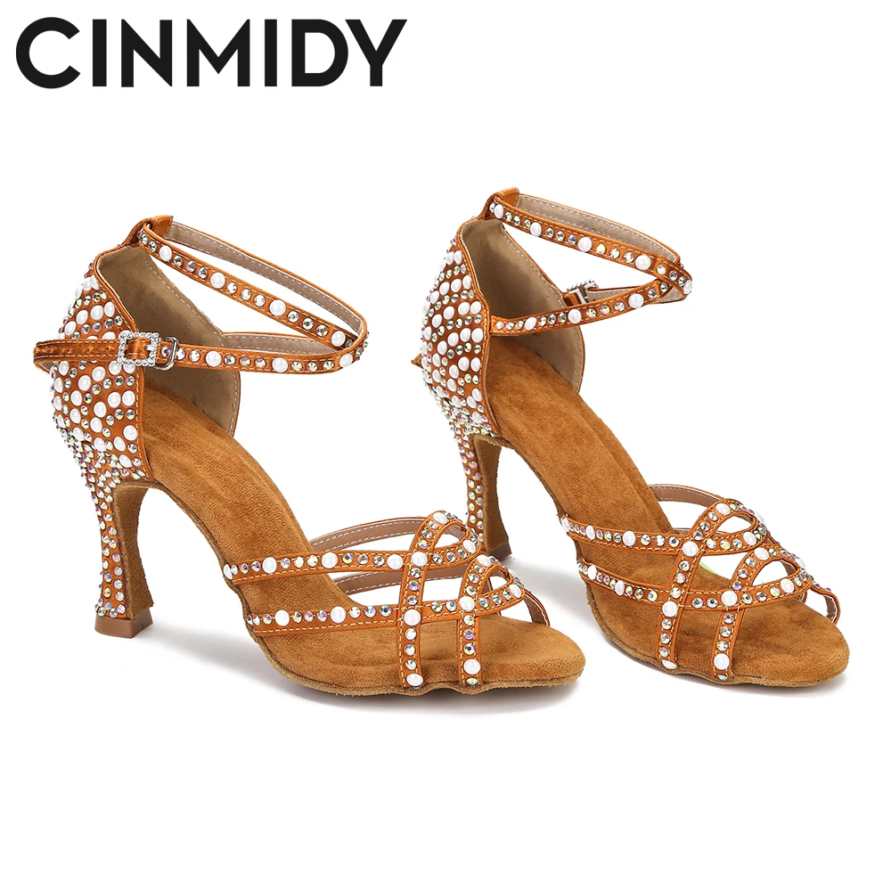 CINMIDY Rhinestone Dance Shoes Latin Dance Shoes Women Ballroom Dance Sneakers Satin Wedding Shoes Soft Bottom Women's Sandals