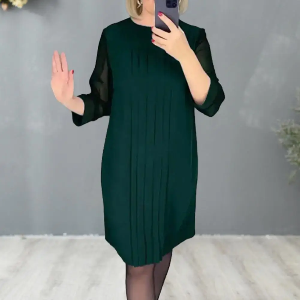 

Women Dress Three Quarter Mesh Sleeve Loose Elegant Dress Round Neck Soft Pleated Pullover Knee Length Fall Spring Midi Dress