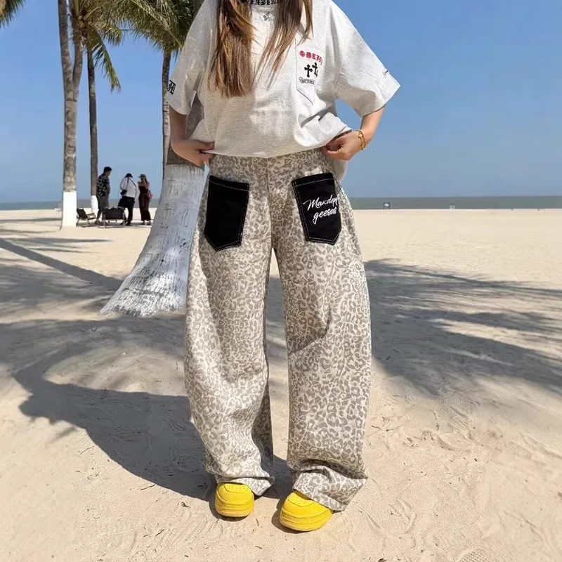 Y2K American Retro Leopard Print Baggy Jeans Unisex Pocket Embroidery Wide Leg Curved Cut Pants Hip Hop Streetwear Denim Trouser