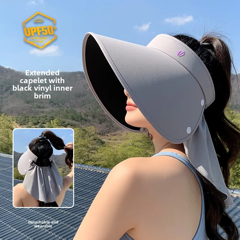 HUIBAOGE protection  women, large version with detachable neck shield, open-top hat, summer black-coated UV protection sun hat