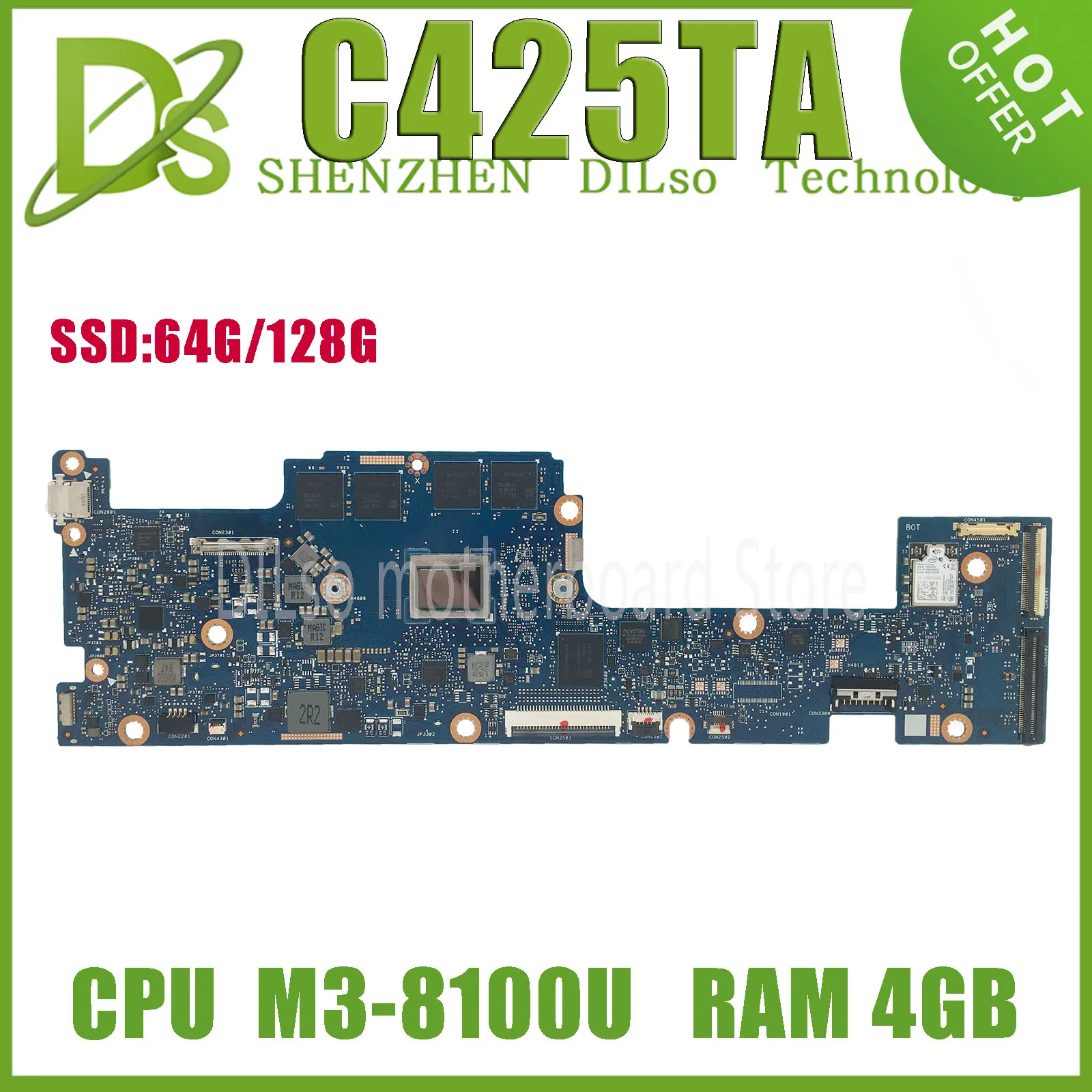 

KEFU C425TA Mainboard For ASUS Chromebook C425 C425TA Laptop Motherboard W/M3-8100Y CPU 4GB-RAM SSD-64G/128G MAIN BOARD