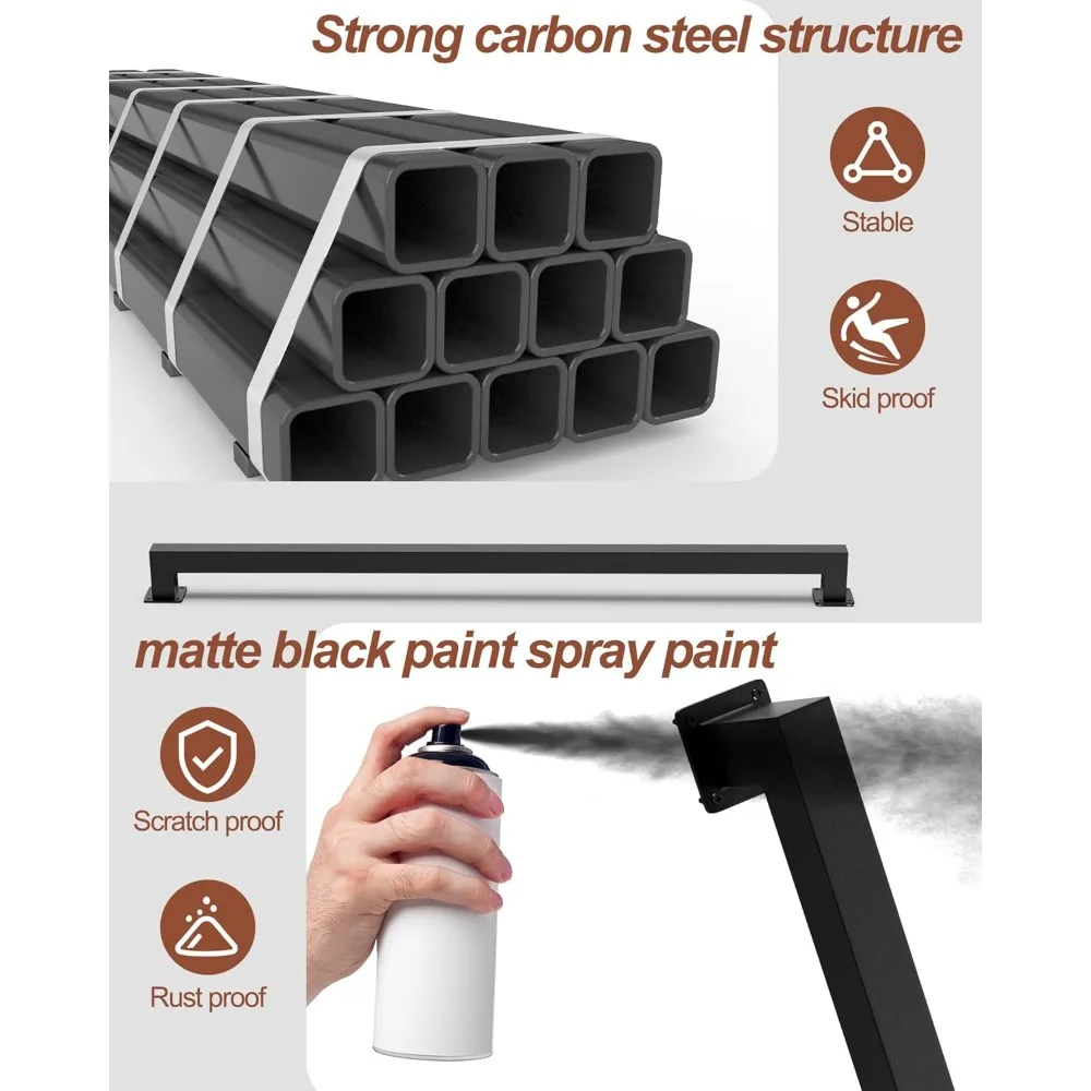 درابزين درج داخلي معدني صناعي، أنبوب مربع أسود غير لامع، سعة تحميل 500 رطل، حامل على الحائط، طول 6 أقدام، راي درج متين #3