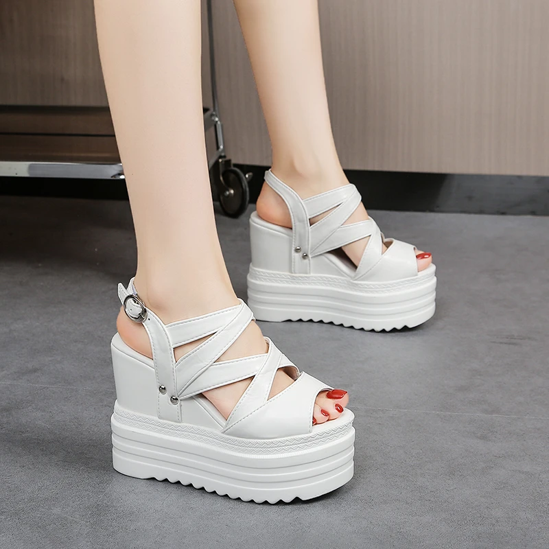 

Women Platform Wedge Sandals 12CM High Heel Black Open Toe Roman Sandals Summer Casual Thick Bottom Ankle Strap Wedges Shoes
