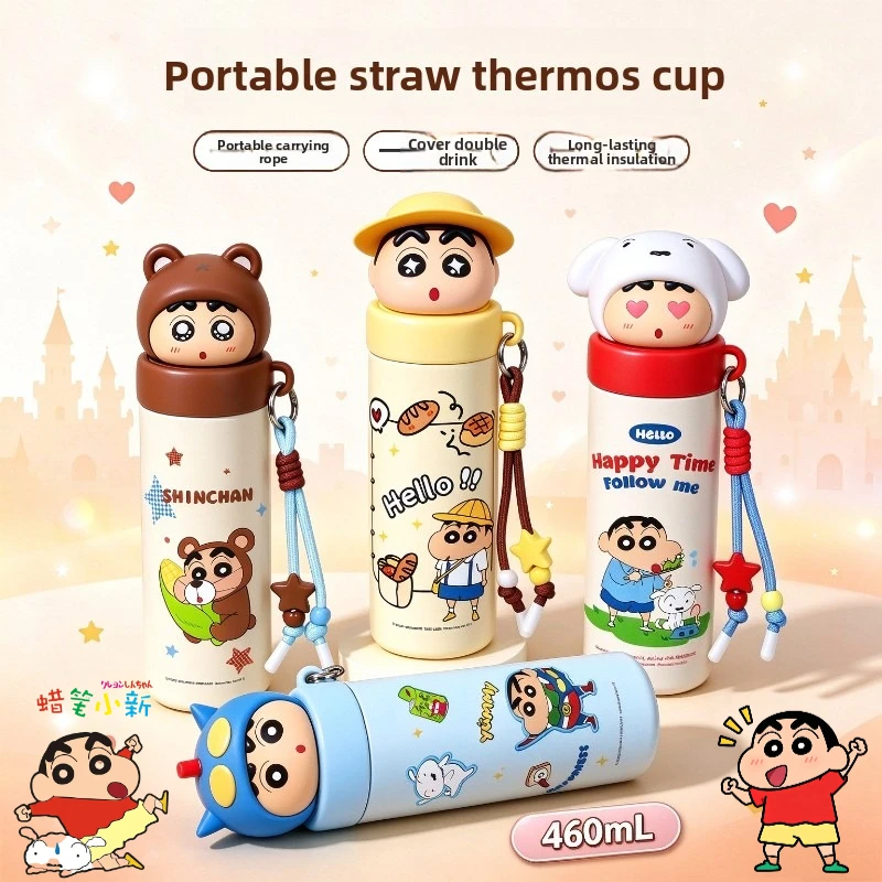 Taza Térmica de Acero Inoxidable 304 con Pajita, Diseño de Crayon Shin-chan, Muñeca de Dibujos Animados, Kawaii, Grado Alimenticio, Regalo al por Mayor de Accesorios de Animación