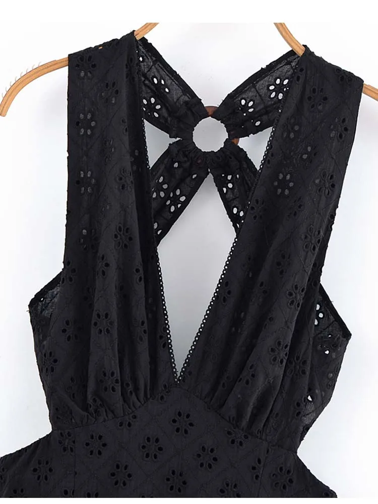 Women Summer MIDI Tank Dress 2025 Vintage Solid V-Neck Embroidery Hollow Out Female Elegant Street Dresses Clothing