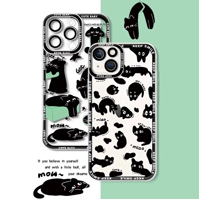 Kawaii Black Cat Soft Silicone Case For Samsung Galaxy S24 S23 S22 Ultra S21 S20 FE Note 20 10 Plus A15 A25 A35 A55 Clear Cover