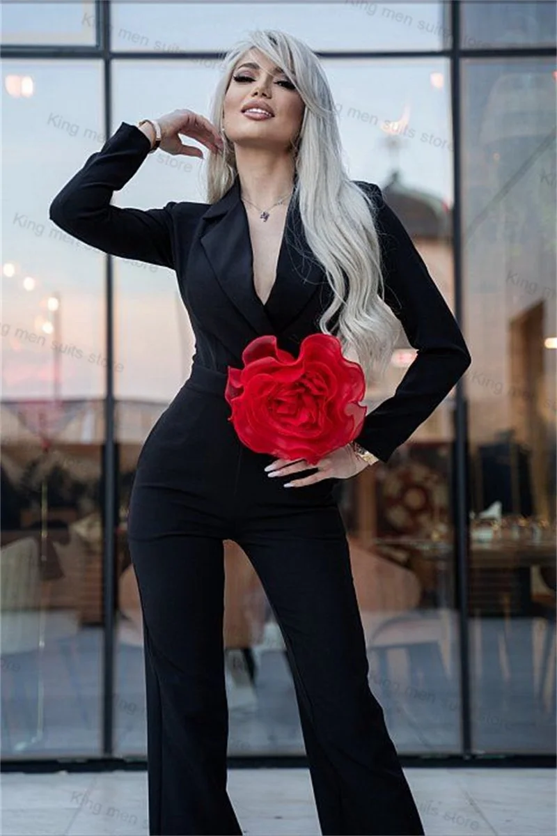 Traje de oficina para mujer, conjunto de 2 piezas, Blazer + Pantalones, esmoquin de boda, talla personalizada, chaqueta Formal de algodón con flores 3D, color negro