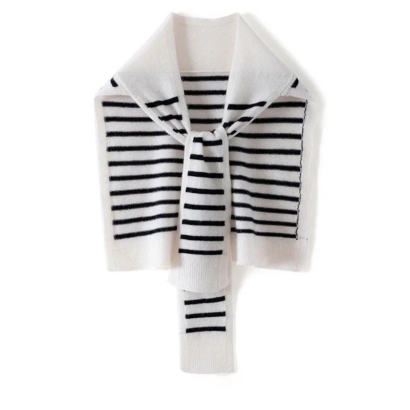 chale-en-cachemire-100-pour-femme-bleu-marine-avec-faux-col-echarpe-tricotee-etole-rayee-poncho-–-vente-en-gros