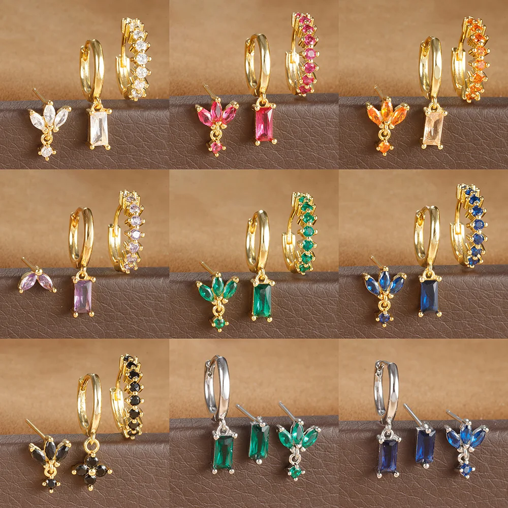 

3PCS Stainless Steel Multicolor Crystal Hoop Earrings Set For Women Zircon 18K Gold Plated Huggie Pendant Piercing Jewelry