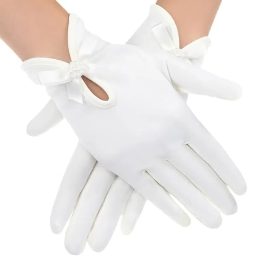 Women's Elegant Bow Pearl Flower Gloves, Pearl Bow Design Wedding Gloves, White Dress Glove, Women's Elegant Short Wrist Glove
