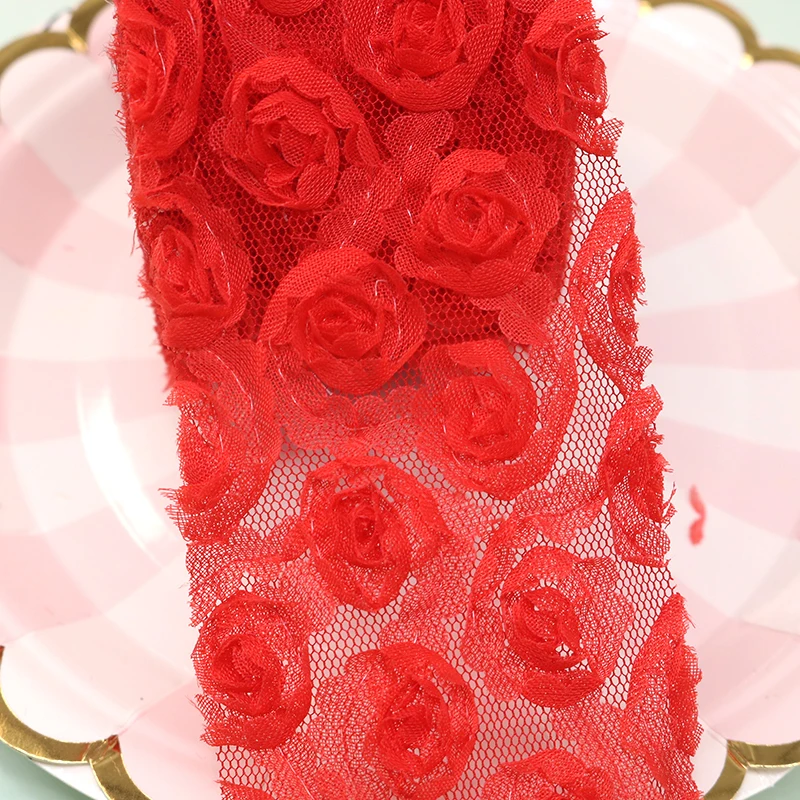 5Yards 6cm 8cm 10cm 12cm Width 3D Chiffon Rose Flower Embroidered Lace Trim Ribbon Fabric DIY Sewing Mesh Fabric Accessories