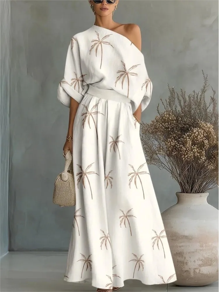 

Elegant Skew Collar 3/4 Sleeve Top + Casual Wide Leg Pant Sets Woman Fashion Solid Suit Outfit Spring Fall Loose Female Clothing