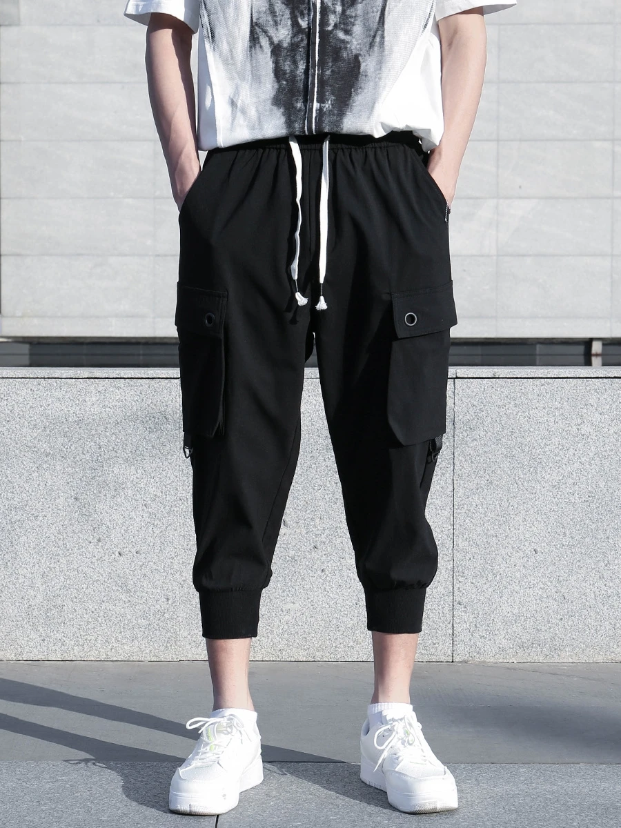 

Spring Men's Work Pants Loose Cuffed Trousers Large kets Trendy Brand Nine-Tenths Street Sle Low Waist Roman Cloth