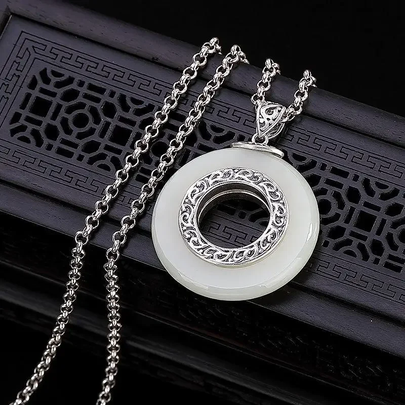 Original Design Hollow Natural Hetian Jade Pendant Necklace Chinese Style Retro Pattern Light Luxury Charm Women's Silver