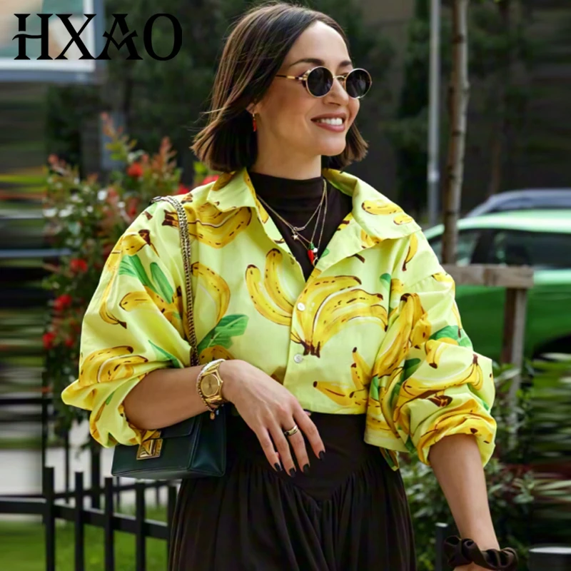 Image of HXAO 2026 Damen Kurze Jacke mit Fruchtprint Sommer Herbst Bananen-Print Langarm Dünne Kurze Oberteile für Frauen Modische Oberbekleidung