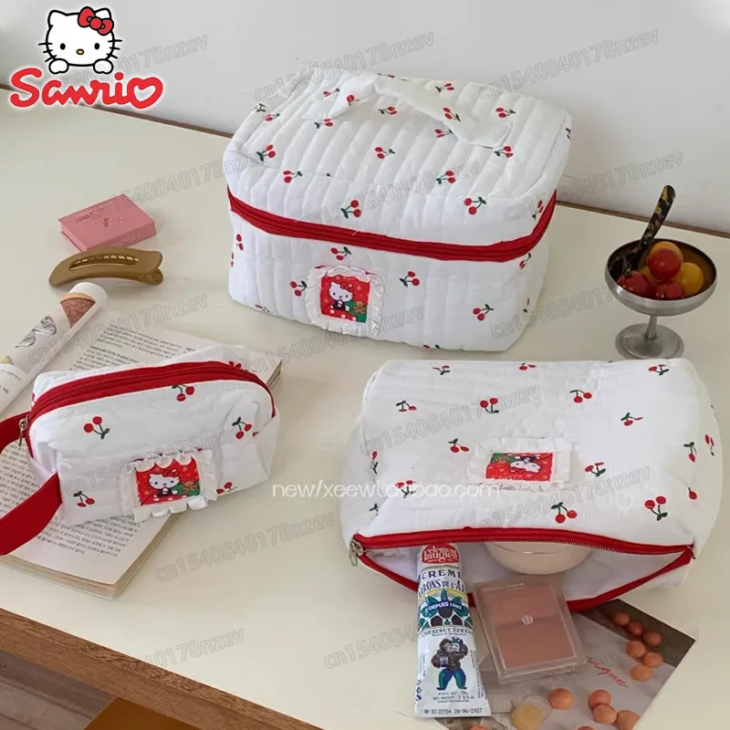 

Sanrio Hello Kitty Cherry Storage Bag Kawaii Students Girls Handbag 2024 Anime Cute Large Capacity Portable Travel Toiletry Bag