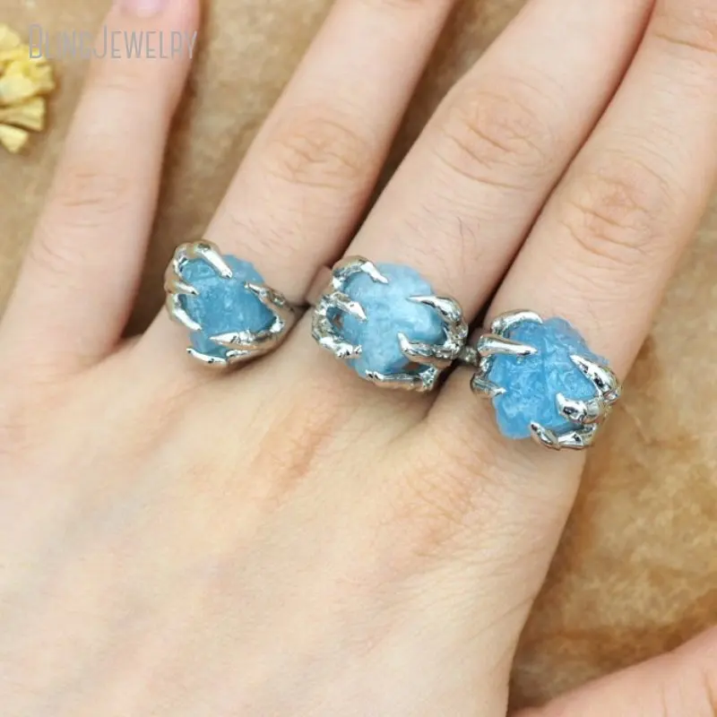 10pcs Claw Aquamarine Crystal Gemstone Women Adjustable Ring Goth Witch Boho Talisman Jewelry