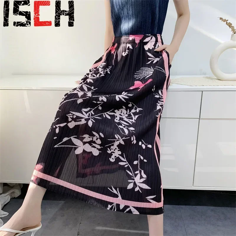 Pleats Pleated Retro Printing Pleated Bustier Skirt Female Fall New Temperament Commuting Thin Side Open Fork A-line Skirt