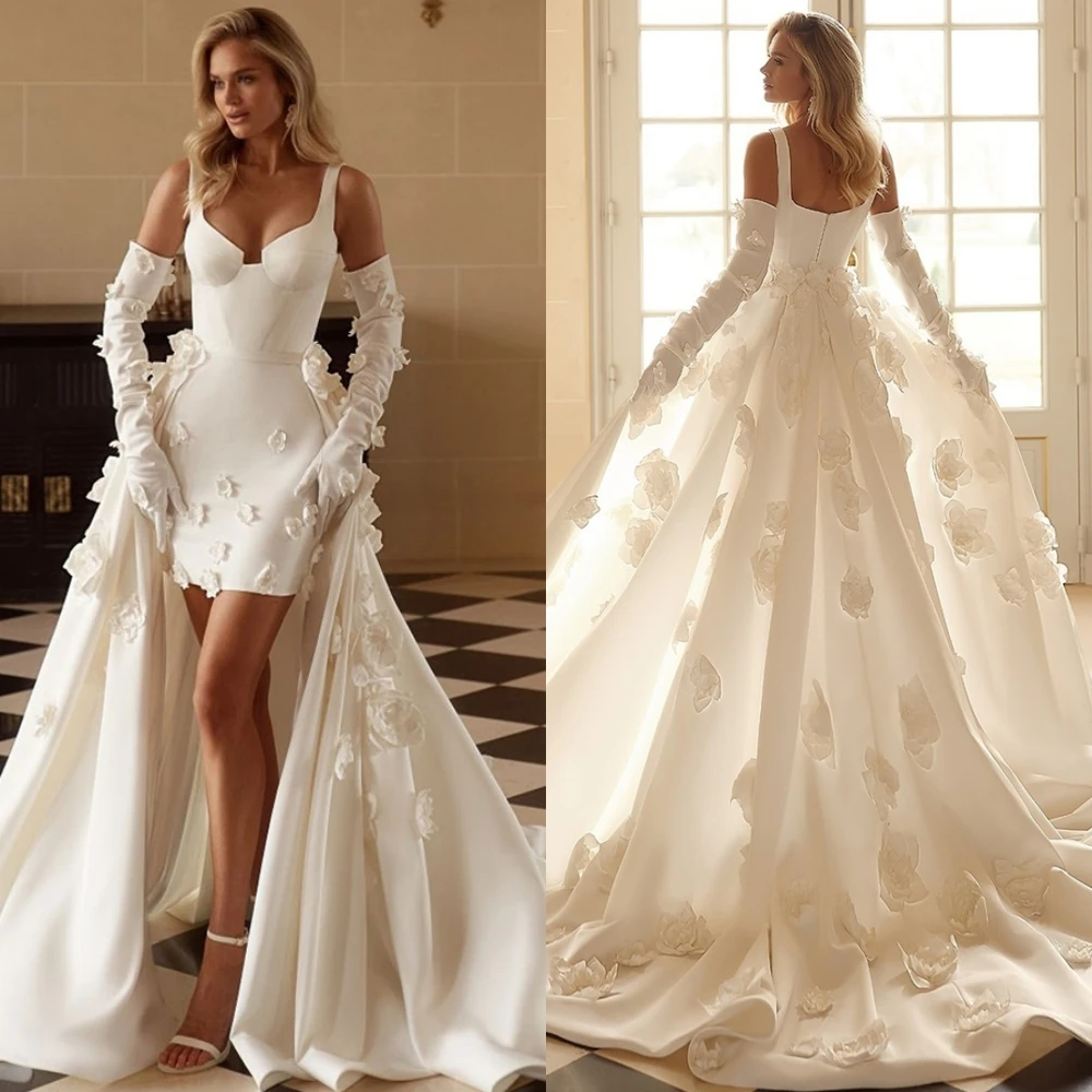 

Customized Sexy V-Neck Satin Evening Dress Exquisite Flowers Chapel Train Wedding Dresses High Quality Special Occasion Gowns