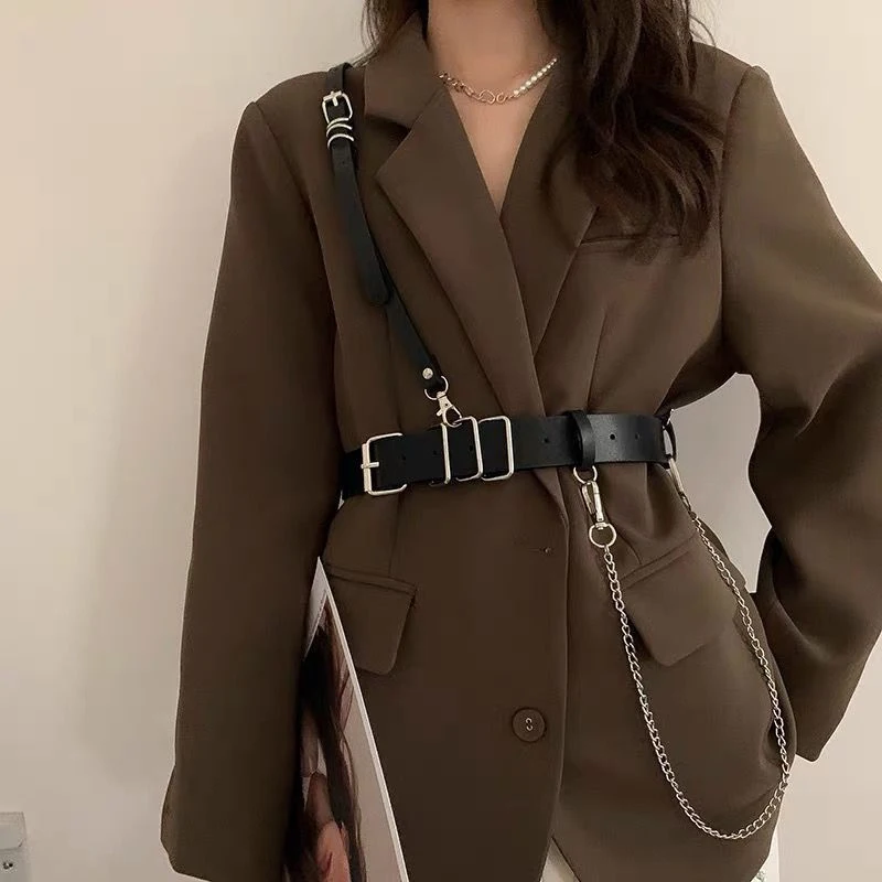 New Korean Punk Style Detachable Chain Belt Men Women Black PU Leather Harness Chain Belt Goth Corset Waist Belt Accessories view 5