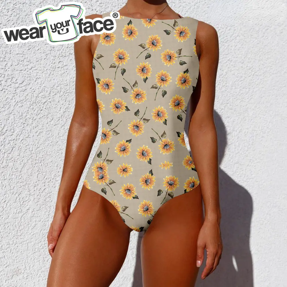 One Piece Sexy Bra Swimsuit Chrysanthemum Flower Pattern Printed Casual Swimwear Beach Swimming Sportswear Women Clothing