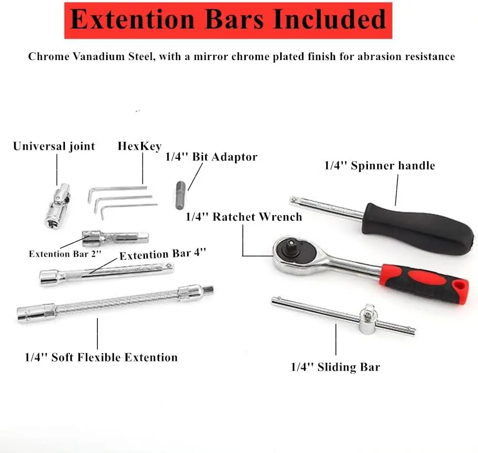 13-Piece 1/4 Inch Hexagon Socket Wrench Set, Rubber Grip, Hardened Steel, Portable Storage Case