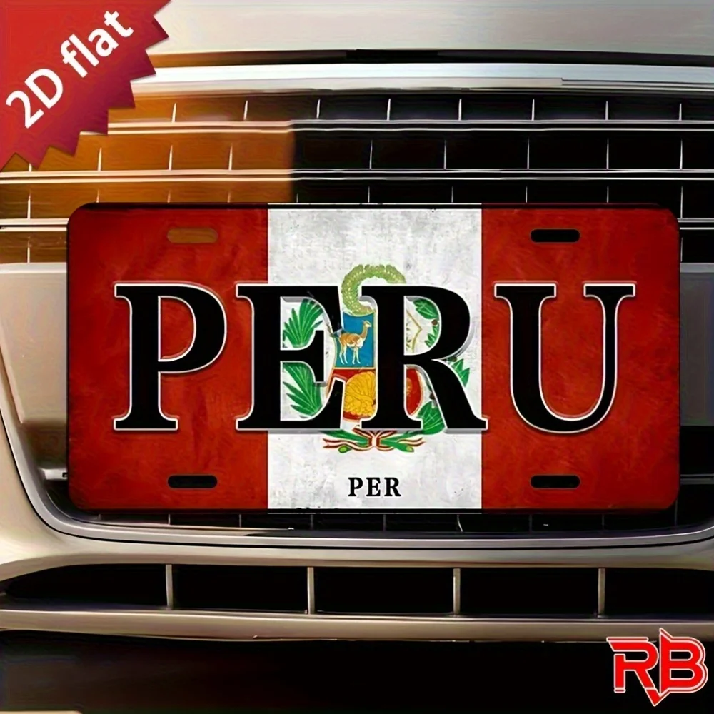 2D Flat Peru Peruvian Flag with National Coat of Arms Aluminum Tin Painting, License Plate Shape Metal Wall Decor for Car, Garag